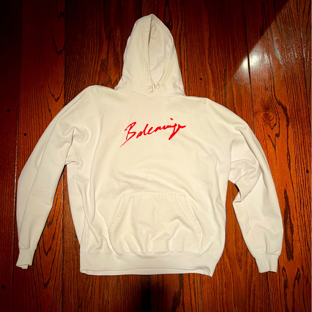 Balenciaga Mens Lipstick Logo Hoodie Size XL 54 White Red Cotton Sweatshirt